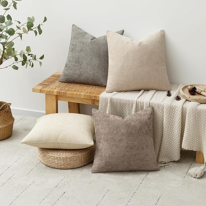MIULEE Pack of 4 Christmas Couch Throw Pillow Covers 16x16 Inch Neutral Beige/Brown Soft Decorative Chenille Pillow Covers Farmhouse Accent Cushion Covers for Boho Home Decor Sofa Bedroom Living Room