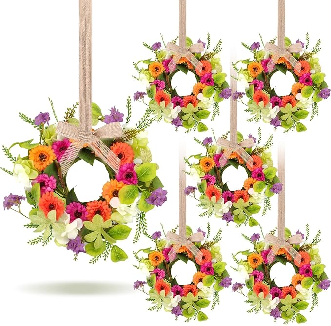 6 Pcs Artificial Summer Wreaths Mini Colorful Daisy Floral Wreath Farmhouse Spring Swag Kitchen Cabinet Wreaths Hanging Flowers Wreath for Front Door Indoor Outdoor Home Decor Festival Celebrations