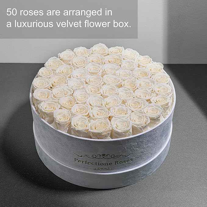 50 Piece Roses in a Velvet Box, Flowers for Delivery, Presereved Flowers Birthday Gifts for Women Mom and Wife (Off-White)
