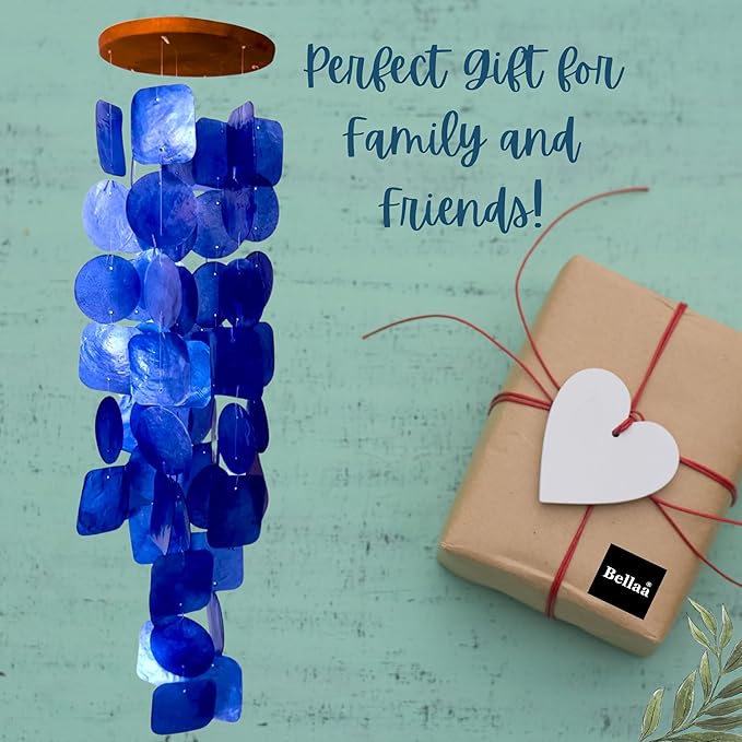 Bellaa 27918 Wind Chimes Outdoor, Garden Decorations, Musical, Indoor/Outside Windchimes, Beach, Ocean Breeze, Gifts for Mom, Gift for All Occasions, Capiz Sea Glass Shells Wood Blue 27 inch