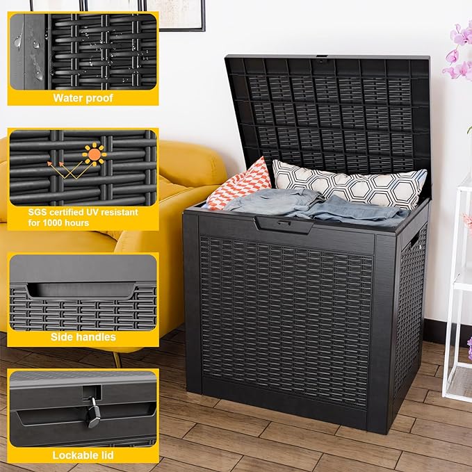 36 Gallon Outdoor Deck Box,Storage Lockable Waterproof Patio Furniture,Garden Tools,Cushions,Pool Accessories Outside Storage Resin Box(Black Pattern)