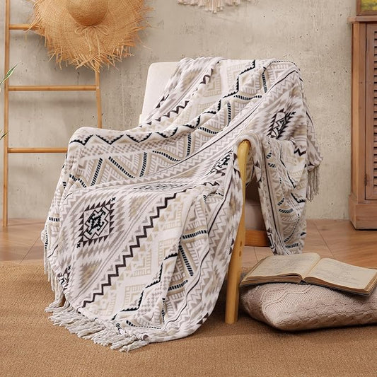 CASAAGUSTO Boho Throw Blanket - Beige and Gray Decorative Blankets with Tassel, Printed Flannel Bohemian Blanket for Chair, Bed, Sofa, Couch(50 * 60, Beige and Gray)