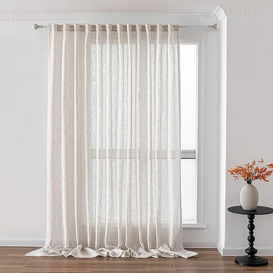 MYSKY HOME Country Curtains for Sliding Glass Door, Back Tab Semi Sheer Curtain Panels Extra Long Floor Length Drapes 108 Inches for Living Room Linen Texture Soft Touch, 100x108 Inch, Linen, 1 Piece