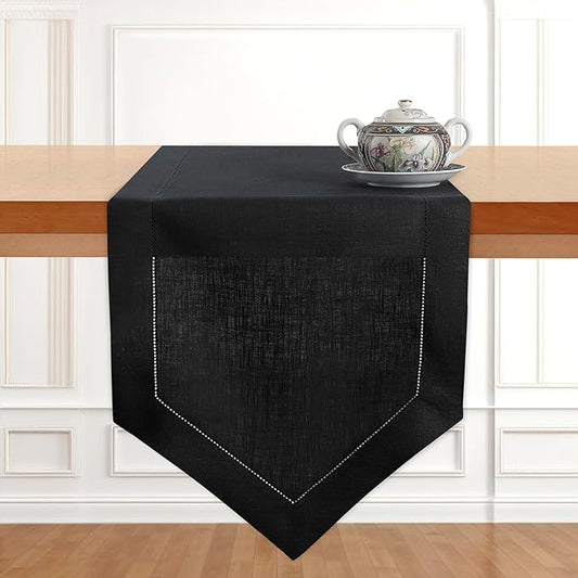D'Moksha Homes Black Linen Table Runner 90 Inches Long - 100% Pure Linen Diamond Table Runner 14 x 90 Inch for Dining, Fall and Halloween - Machine Washable