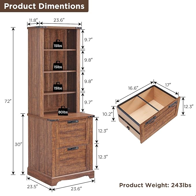 RedLemon Bookcase with 2 File Drawers, 72" Tall Farmhouse Bookshlef with Storage and Adjustable Shelves, 4 Tier Rustic Wood Bookshelf with Cabinet for Office, Living Room (Reclaimed Barnwood Color)