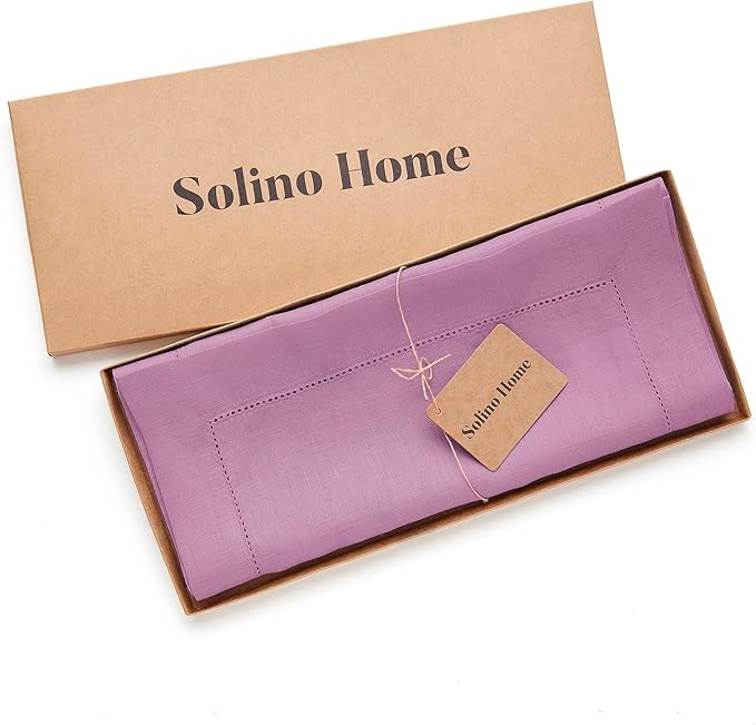 Solino Home Linen Table Runner 108 Inches Long - Classic Hemstitch 100% Pure Linen Violet Dining Table Runner 14 x 108 Inch for Halloween