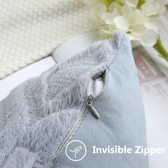 decorUhome Fall Throw Pillow Covers 24x24 Inch Set of 2, Soft Plush Decorative Faux Fur Blue Grey Solid Couch Pillow Covers, Accent Farmhouse Neutral Square Euro Pillow Cases for Sofa Bed Living Room