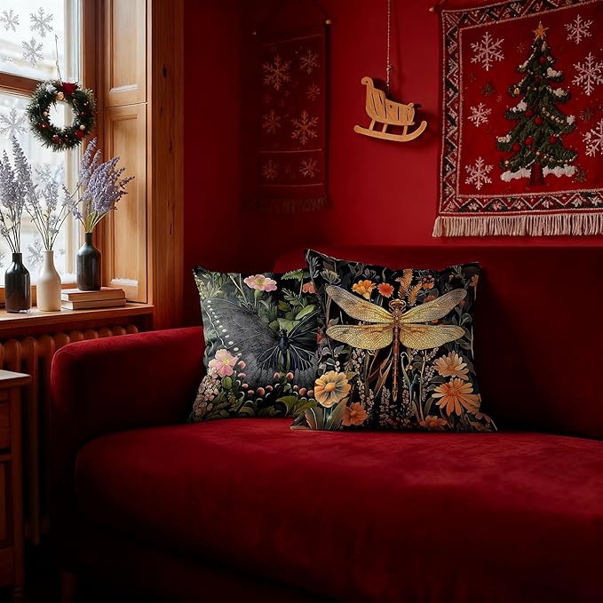 William Morris Inspired Dragonfly Bee Pillow Covers 18x18 Double-Sided Set of 4,Insect Gifts for Women,Vintage Dark Cottagecore Floral Botanical Insects Decorative Throw Pillow Covers for Home