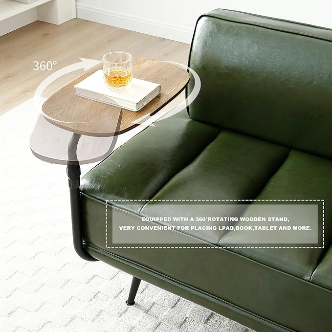 Sofa,Bed Bench,Small Spaces Furniture,Polyurethane Leather,Wood Frame,High Density Sponge Infillings,360-Degree Swivel Tray,Black Metal Leg (Green)