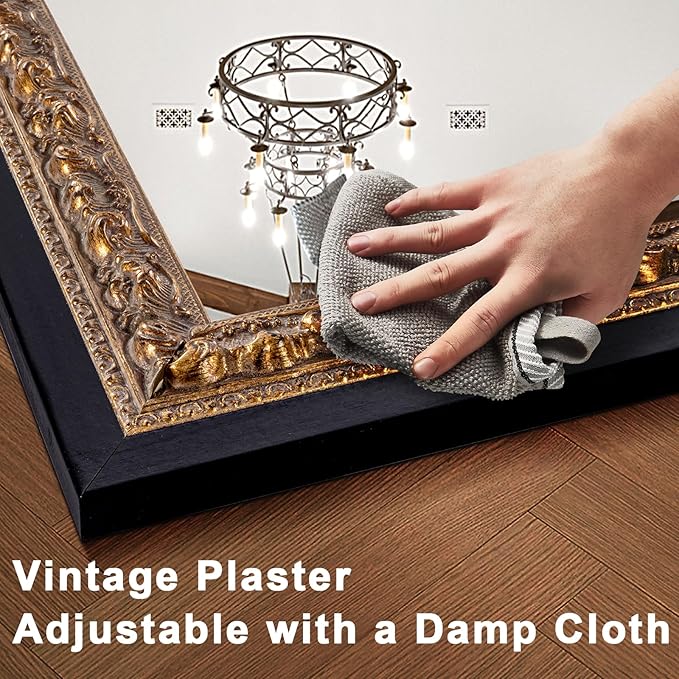 52"x36" Wall Mirrors Decorative, Black Bathroom Vanity Mirror with Gold Foil Carvings Wooden Frame for Living Room, Entryway and Bedroom