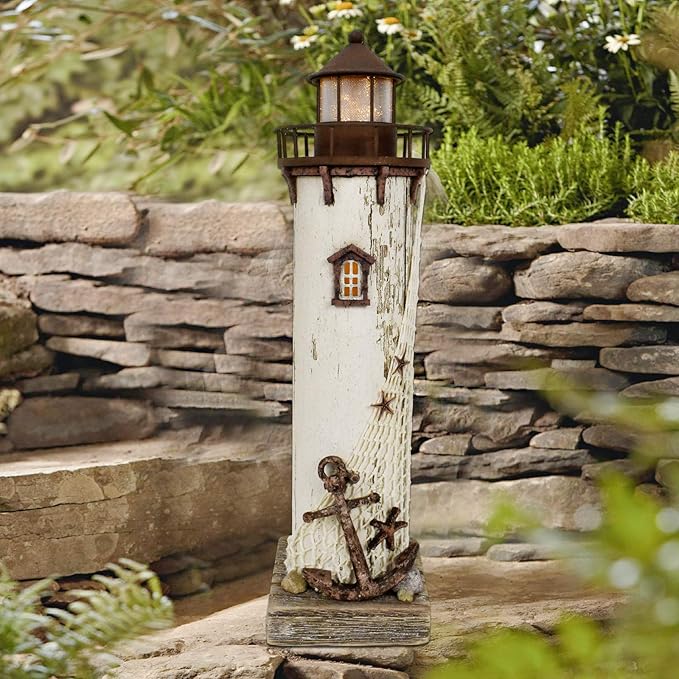 Linfevisi Wood Lighthouse Decor Rustic LED Light House Decor Wooden Decorative Nautical Lighthouse Statue Coastal Beach Themed Lighthouse Handcrafted Tabletop Decoration Home Bathroom (14.75")