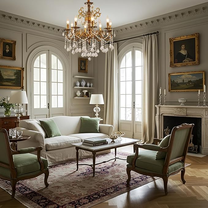 Vintage 8 Arms Crystal Chandelier Candle Light Fixture for Dining Room Living Room Bedroom Hallway Entryway Antique Gold Finish (27"-8 Lights)