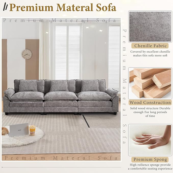 URRED Modular Sectional Sofa Comfy Cloud Couch, Modern Chenille Sofa Sleeper Deep Seat Couches with Ottoman/Pillows for Living Room (Gray, 117'')