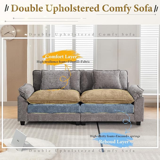 URRED Modular Sectional Sofa Comfy Cloud Couch, Modern Chenille Sofa Sleeper Deep Seat Couches with Ottoman/Pillows for Living Room (Gray, 82.6'')