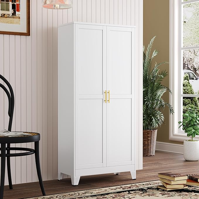 Metal Kitchen Pantry Storage Cabinet with 2 Doors and 3 Adjustable Shelves,Pantry Cabinet with Adjustable Leveling Foot for Kitchen, Living Room, Dining Room（White）