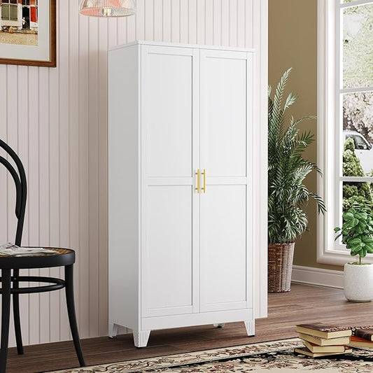 Metal Kitchen Pantry Storage Cabinet with 2 Doors and 3 Adjustable Shelves,Pantry Cabinet with Adjustable Leveling Foot for Kitchen, Living Room, Dining Room（White）