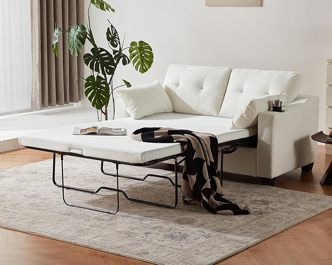 Pull Out Sofa Bed, Full Size Sleeper Sofa, 2-in-1 Convertible Corduroy Couch with USB Charging, Memory Form Couch for Living Room, Apartment and Small Space (Beige, Chenille - Full Size)