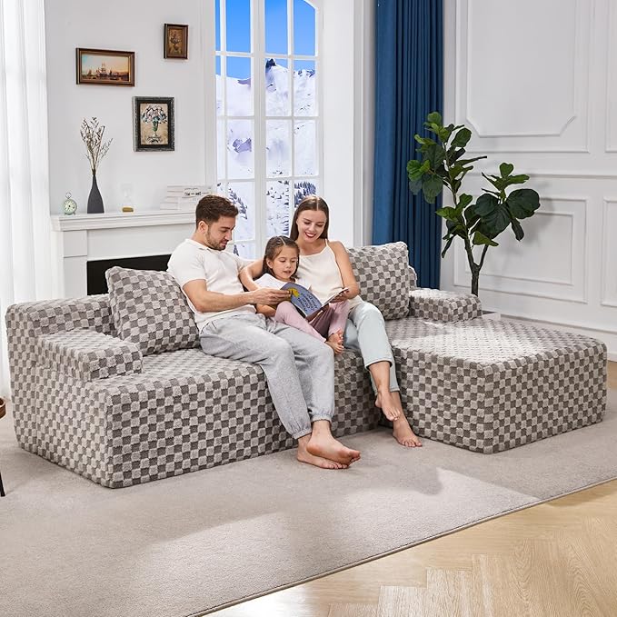 Hobestluk 96“ Modular Sectional Sofa Couches L-Shape Couch 3 Seat Modular Sofa Memory Foam Sectional Couches for Living Room, Cloud Couch with Oversized Chaise (Grey, Checked (Right Facing Chaise))