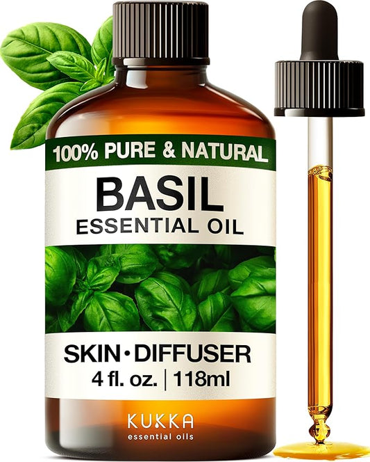 Kukka Basil Essential Oil for Diffusers - 4 Fl Oz - 100% Pure Natural Basil Oil for Skin & Aromatherapy Scent Massage Candles & Soaps Making Scent