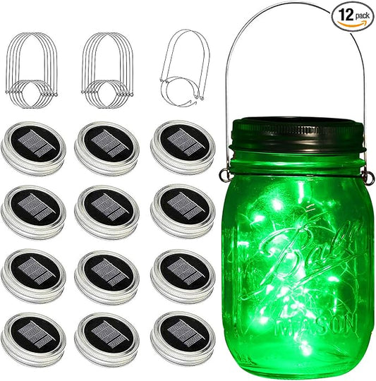 ZNYCYE Solar Mason Jar Lights, 12 Pack 30 LED Fairy Firefly Mason Jar Lids Outdoor Waterproof String Lights with Hangers(NO Jars) for Regular Mouth Jars Patio Garden Yard Wedding Decoration - Green