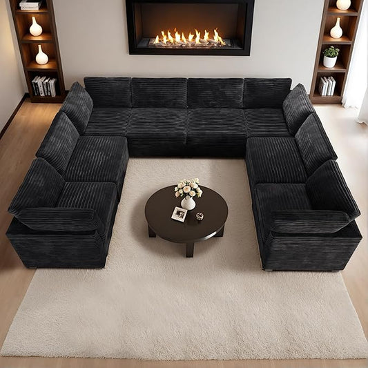 HOOOWOOO Modular Sectional Sofa,8 Pieces Sectional Couches for Living Room,131X98 L Shaped Cloud Couch with Ottoman Chaise Set(Black Velvet Corduroy)