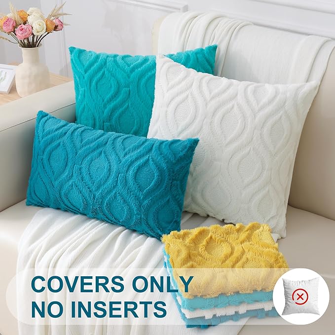 decorUhome Fall Throw Pillow Covers 22x22 Inch Set of 2, Soft Plush Decorative Faux Fur Teal Solid Couch Pillow Covers, Accent Farmhouse Neutral Square Euro Pillow Cases for Sofa Bed Living Room