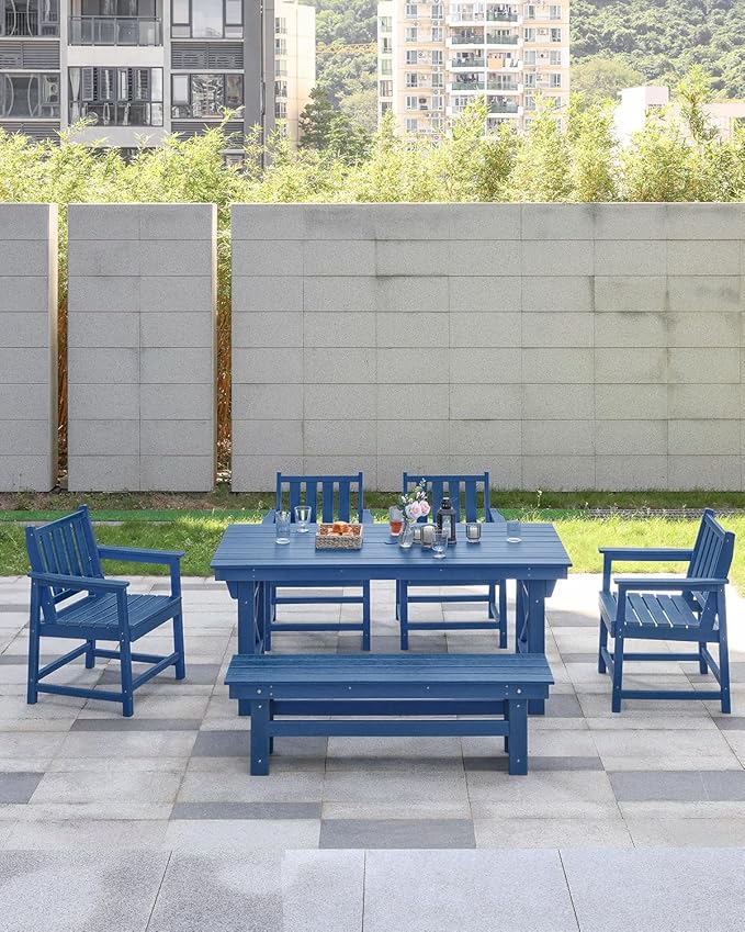 HDPE Outdoor Dining Set of 6, Patio Dining Table Set with 4 Chairs and 1 Bench, 6 Pieces HDPE Dining Set with Umbrella Hole, Outdoor Furniture Sets for Deck, Poolside, Garden, Navy