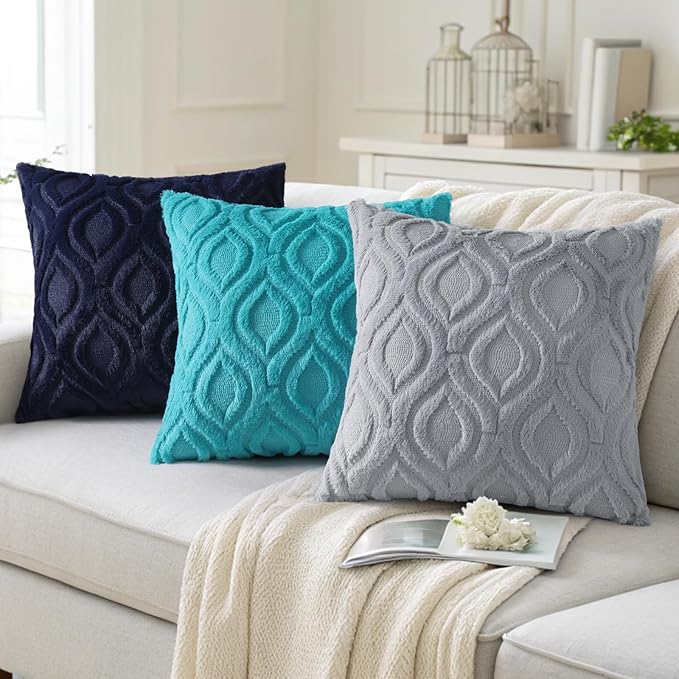 decorUhome Fall Throw Pillow Covers 20x20 Inch Set of 2, Soft Plush Decorative Faux Fur Blue Grey Solid Couch Pillow Covers, Accent Farmhouse Neutral Square Euro Pillow Cases for Sofa Bed Living Room