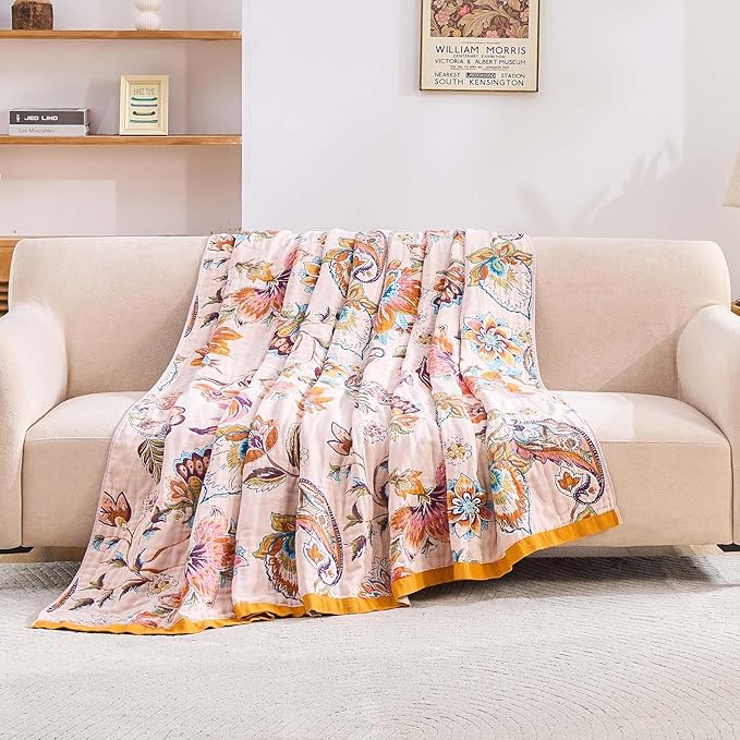 Boho Throw Blanket for Bed, 100% Cotton Soft Rustic Quilt Fall Blanket, 50"x60" Floral Printed Farmhouse Decor Bed Blankets, All Season Rustic Reversible Bohemian Throw Quilt
