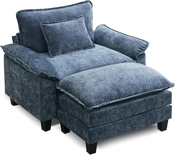 URRED Modular Sectional Sofa Comfy Cloud Couch, Modern Chenille Sofa Sleeper Deep Seat Couches with Ottoman/Pillows for Living Room (Blue, 53''- Ottoman)