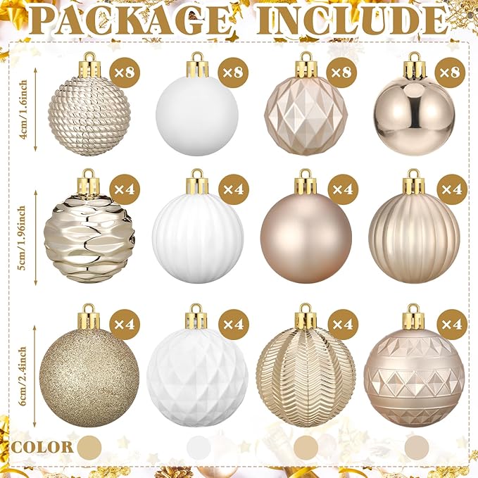 64 Pcs Neutral Christmas Ball Ornaments Champagne Gold White Christmas Tree Decorations Set 1.6/1.97/2.4 Inch Shatterproof Glitter Matt Xmas Baubles Neutral Ornaments for Xmas Tree Home Decor