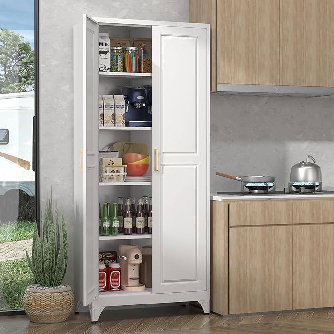 75" Storage Cabinet, Metal Pantry Cabinet, Kitchen Pantry Storage Cabinets with Doors and 4 Shelves, Cabinets for Laundry Room, Living Room, Dinning Room, Assembly Required, White
