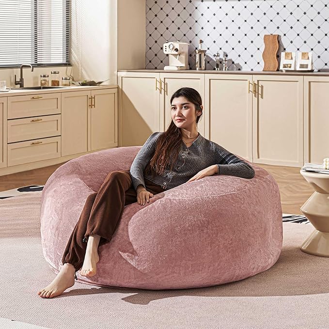 Bean Bag Chair 4Ft, Memory Foam Filled, Large Beanbag Chairs for Adults and Teens, Soft Sofa with Removable Flannel Cover, Round Couch for Living Room Bedroom College Dorm (Pink, 4FT-47×47"×24")