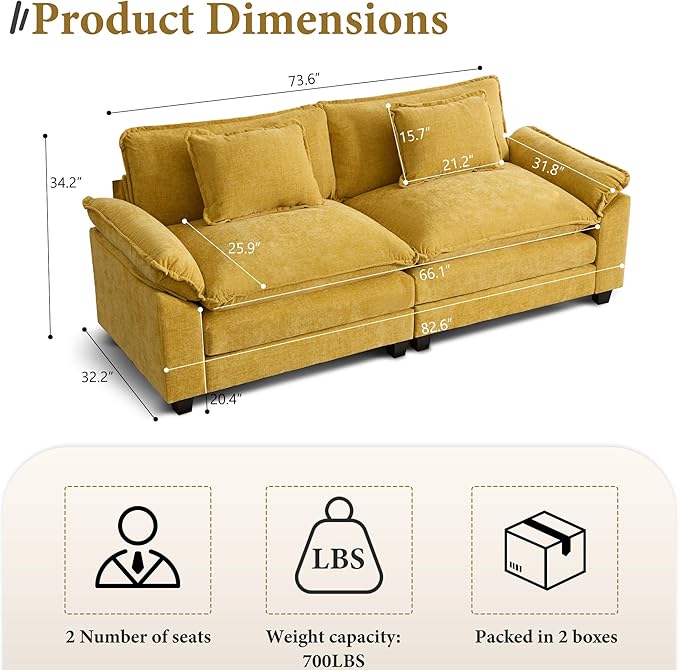URRED Modular Sectional Sofa Comfy Cloud Couch, Modern Chenille Loveseat Sofa Sleeper Deep Seat Couches with Pillows for Living Room (Yellow, 82.6'')