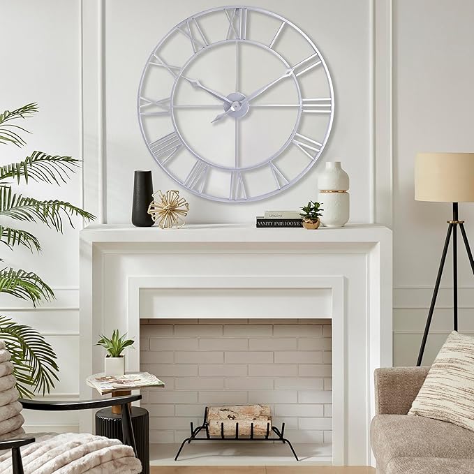 CLXEAST Large Modern 30 Inch Wall Clock Silver, Oversized Big Roman Numeral Metal Wall Clocks for Living Room Decor, Home Office