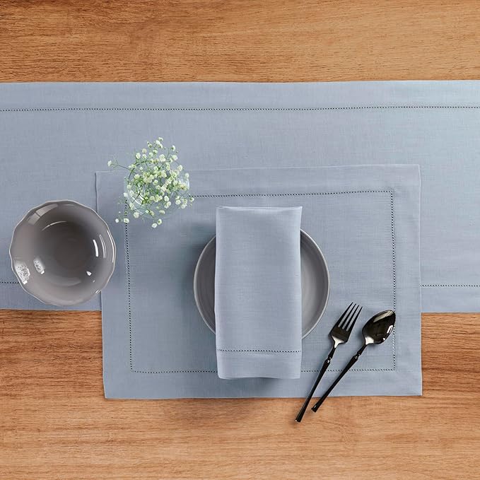 Solino Home Linen Dusty Blue Table Runner 108 Inches Long - 100% Pure Linen Hemstitch 14 x 108 Inch Table Runner for Dining, Fall, Autumn, Thanksgiving - Classic Hemstitch
