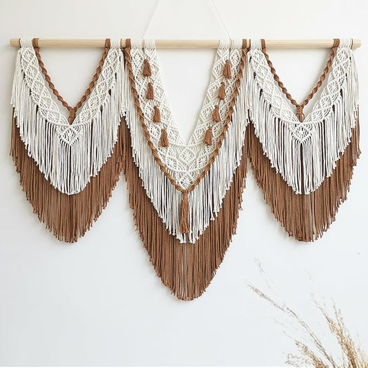 large macrame wall hanging - Boho Tapestry Macrame Wall Decor Art- Chic Bohemian Handmade Woven Tapestry Home Decoration for Bedroom Living Room Apartment Wedding Party - 43"x32" (Beige-Brown)
