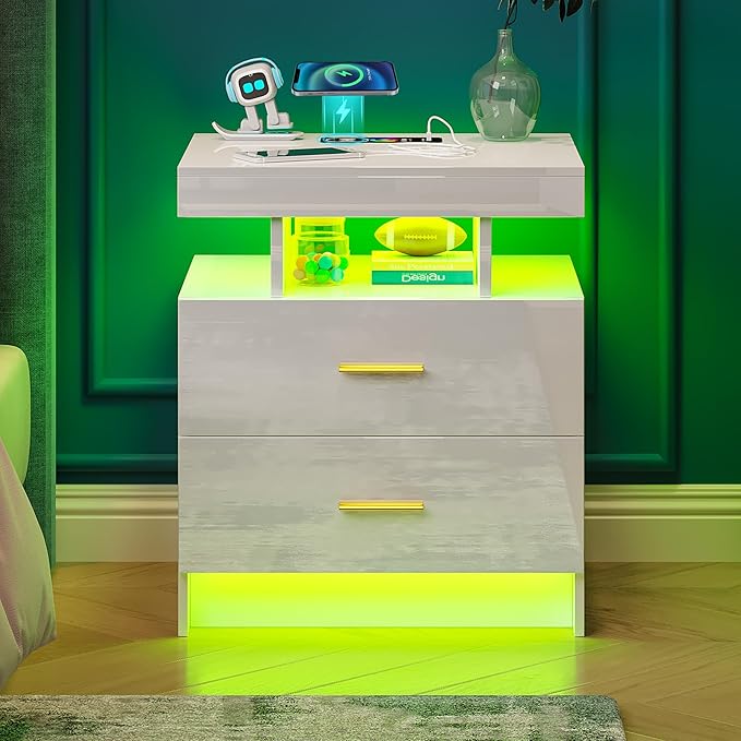 Night Stand with Light, High Gloss Nightstand with USB/Wireless Charging Station, LED White Nightstands with Storage Drawers, RGB Side End Table for Bedroom Furniture（White