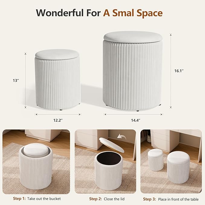 Ottoman with Storage Set of 2, Velvet Storage Ottoman, Upholstered Sponge Vanity Stool Support 300lbs, Multifunctional Coffee Table Foot Rest Ottomans for Living Room Bedroom, White