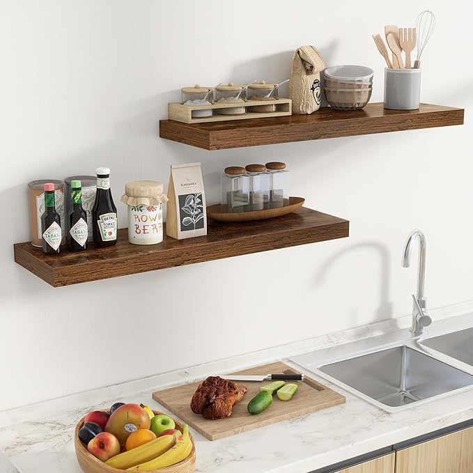 Fun Memories Floating Shelves for Wall 36 Inches, Wood Shelves with Invisible Bracket, 10" Deep Shelves Wall Mounted, Large Floating Shelves for Living Room Bathroom, Rustic Brown, Set of 2