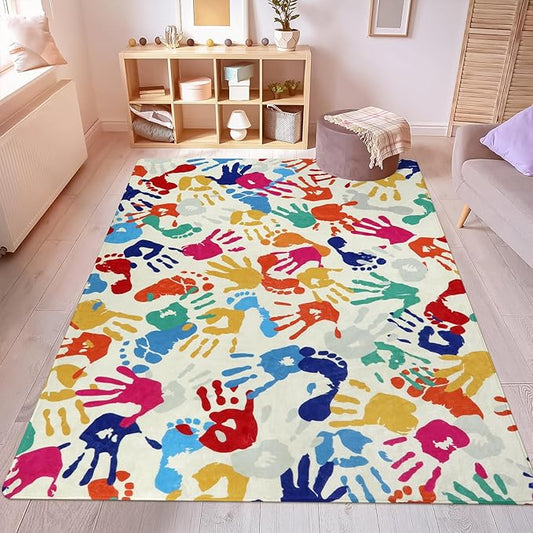 STARUIA Large Kids Rug for Playroom, 8'x10' Handprints and Footprints Colorful Rug for Classroom, Non-Slip Washable Rugs for Nursery, Soft Throw Carpet Indoor Playmat for Kids Room Dorm Bedroom