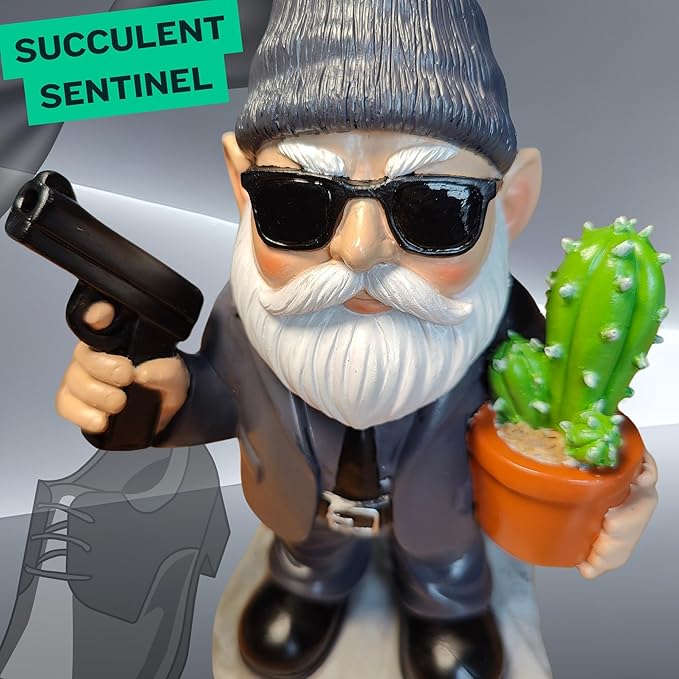 Gnome Decoration for Garden & Home - Professional Hitman Look Statue, Léon Inspired 8.7 Inch Resin Decor, Unique Outdoor Gift for Women/Men