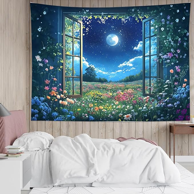 LB Wildflower Moon Tapestry, Window Forest Plant Green Leaf and Garden Colorful Floral Wall Tapestry for Bedroom, Night Sky Wall Art for Living Room Dorm Home Decor Ready to Hanging, 60 x 40 Inches