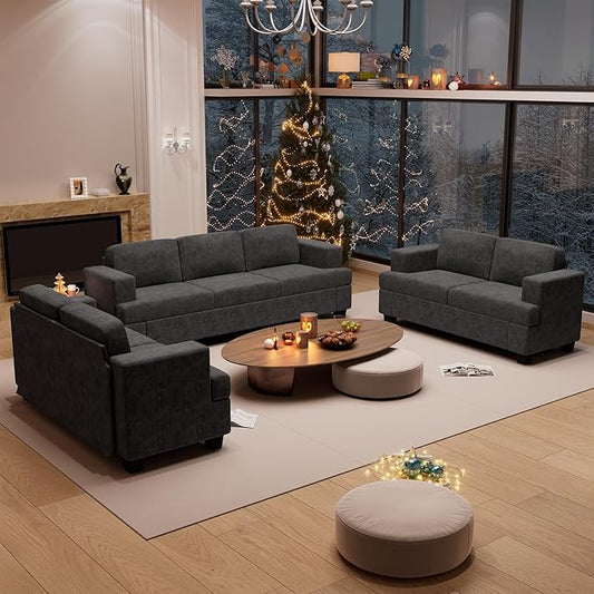 Sofa Couch, 3 Piece Set Comfy Sofa, 2 Loveseat & 3 Seater Sofa with Deep Seats for Living Room, Modern Sleeper Couch, Dark Grey Chenille
