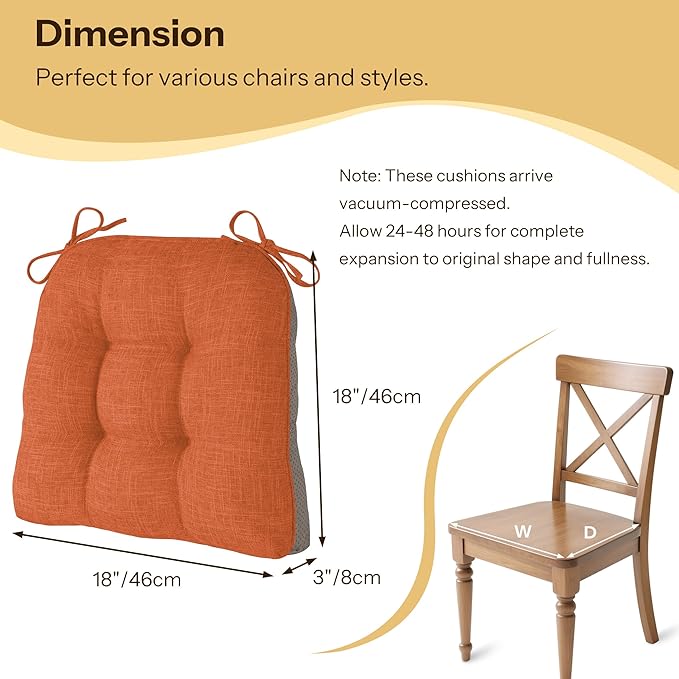 Non Slip Chair Cushions for Dining Chairs Set of 4 Kitchen Chair Cushions 18"x18"x3" Turfted Chair Pads Comfortable and Soft Seat Cushion with Ties, Orange
