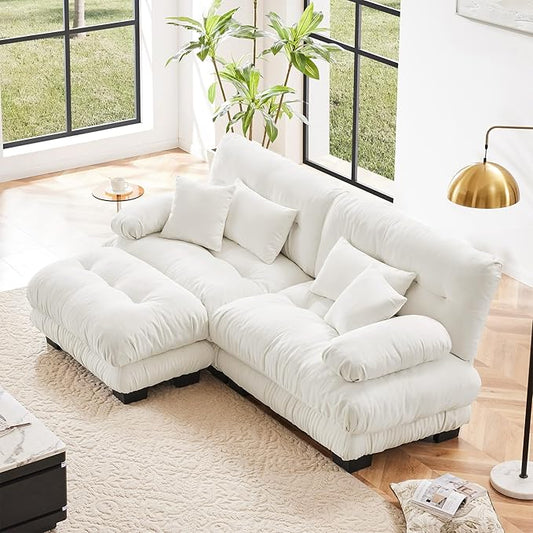 Loveseat Modular Sectional Sofa, L Shaped Couch with Ottoman, Cloud Couch Sectional Couch Home Sofa Living Room Oversized Couch Deep Seat Couch with Round Bolster Armrests 4 Pillows(White)