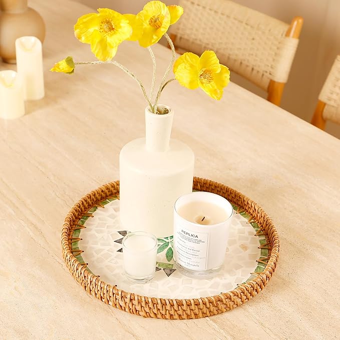 Round Rattan Tray with Mother of Pearl Inlay & Wooden Base - Decorative Wicker Serving Tray for Coffee/Bread/Fruits, Food Storage & Display - Multipurpose Home Decor (M,Bohemia)