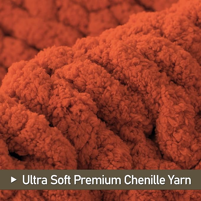 Chunky Knit Throw Blanket 60"X 80", 100% Handmade with Soft Chenille Yarn, 4.4lbs Thick Cable Knitted Blankets, Large Rope Knot Crochet Throws for Couch Sofa Bed Home Decor, Rust