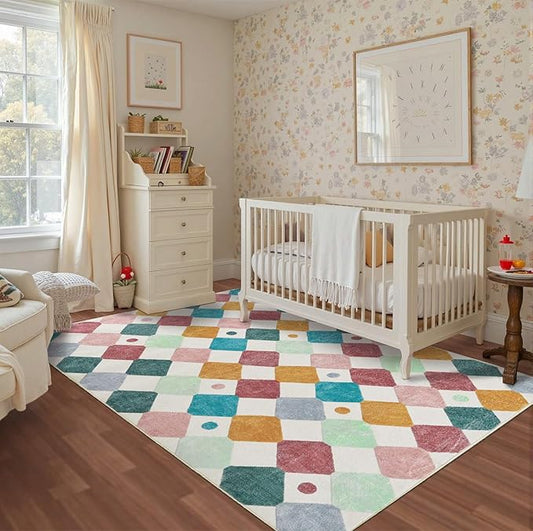 jinchan Area Rug 5x7 Kids Washable Indoor Floor Cover Non-Slip Modern Soft Rug Elementary School Classroom Colorful Diamond Carpet for Nursery Playroom Daycare Bedroom Living Room Confetti on Cream