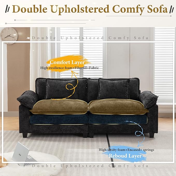 URRED Modular Sectional Sofa Comfy Cloud Couch, Modern Chenille Sofa Sleeper Deep Seat Couches with Ottoman/Pillows for Living Room (Black, 82.6'')